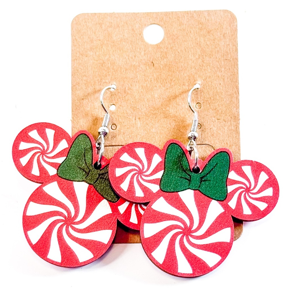 Holiday Peppermint Minnie Mouse Earrings with Green Bow - Picture 5 of 7